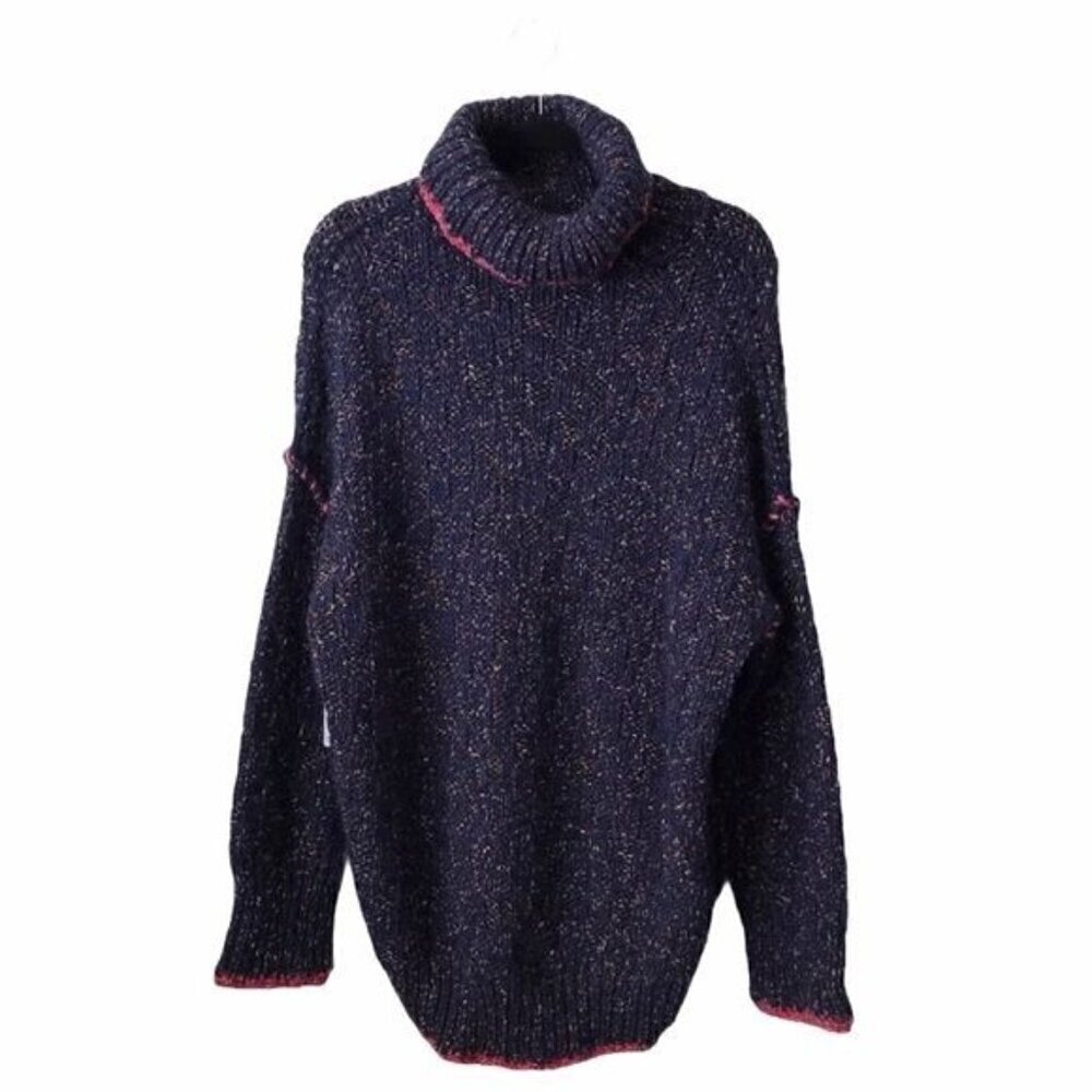 Free People Echo Blue Knit Oversized Turtleneck Pullover Sweater $168 NWT